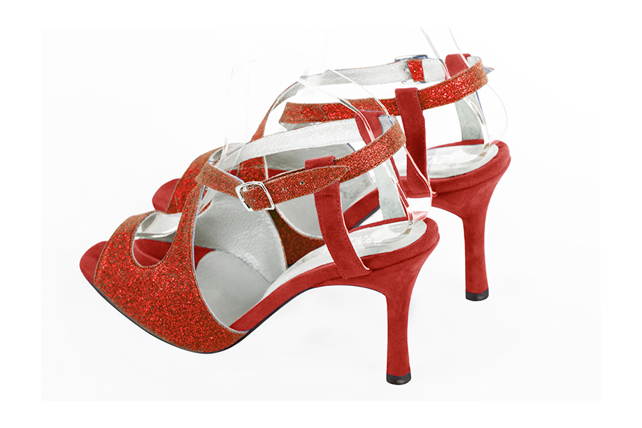 Women's scarlet red and cardinal red elegant cross straps sandals. Round toe. High slim heel - Rear view